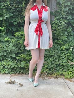 "Sweet white polyester mini dress with red details and polka dots. Has a decorative tie at the elastic waist. Great vintage condition Womens xs/small 36\" or smaller bust 21-26\" waist (elastic) 42\" max hips 14.5\" shoulder to waist 18.5\" waist to hem" Polka Dot Mini Dress, Red Details, Red Polka Dot, White And Red, Small Bust, Dress Clothes For Women, Vintage 1970s, Graduation Dress, Polka Dot