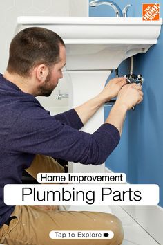 a man fixing a toilet with the words home improvement plumbing parts on it's side