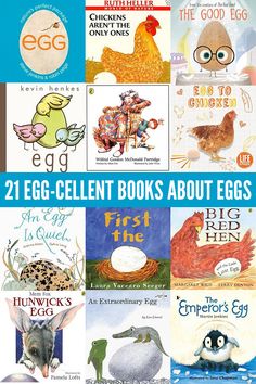 the twelve books about eggs are featured in this collage with an image of two birds and