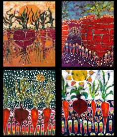 four paintings of flowers in different colors and sizes, each with an abstract design on them