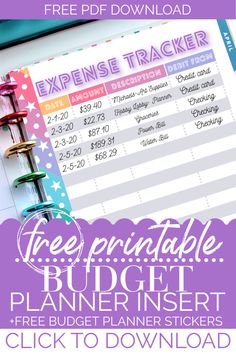 the free printable budget planner is shown in purple and white with text overlay