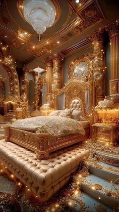 an extravagant bedroom with gold and white decor