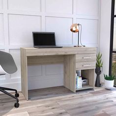 an office desk with a laptop on it and a plant in front of the desk