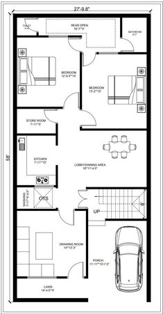 the floor plan for a two bedroom house with an attached garage and living room area