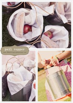 several pictures of different things that are being used to make paper flowers and apples in buckets