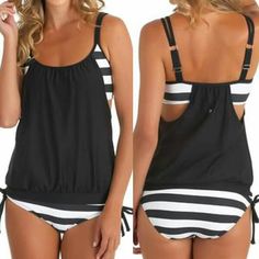 Swimwear Plus Size, Top Swimwear, Striped Tankini, High Waisted Tankini, Black Tankini, Double Up, Swim Tankini