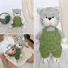 three pictures of stuffed animals in different outfits, one is holding a basket and the other has a knitted teddy bear