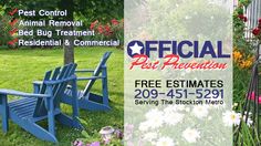 a blue bench sitting in the grass next to flowers and trees with text that reads official pest preventer