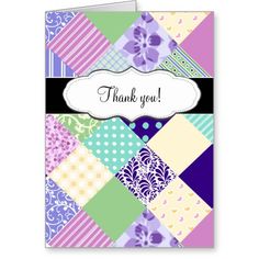 a thank card with colorful squares and flowers