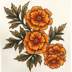 an orange flower with green leaves is on a white background and has yellow flowers in the center