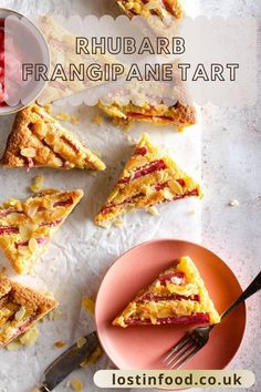 a plate with slices of rhubarb franopiane tart on it