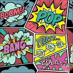 pop art comic book covers with the words boom and pop written in different languages on them