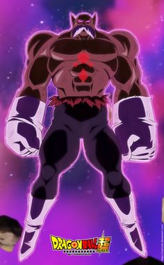 an animated image of a man with red eyes and big muscles, standing in front of a purple background