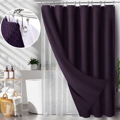 the shower curtain is purple and has a white towel hanging from it's side