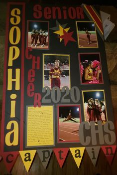 a bulletin board with pictures of cheerleaders and other sports related items on it