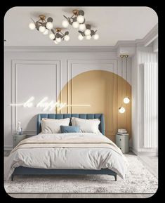 a bedroom with white walls and blue headboard on the bed is shown in this image