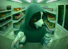 a person in a green hoodie is holding a bottle and looking into the refrigerator