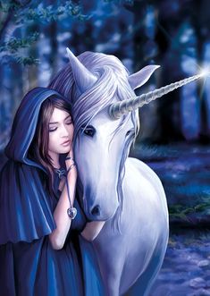 a painting of a girl hugging a unicorn