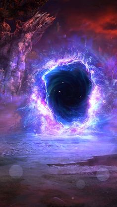 an image of a black hole in the sky with blue and purple light coming from it