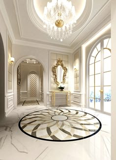 a large white room with chandelier, mirror and marble flooring in it