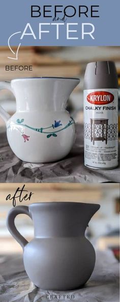 the before and after pictures of an old coffee pot with white glaze on it