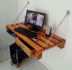 a computer desk with a keyboard, mouse and monitor sitting on it's side