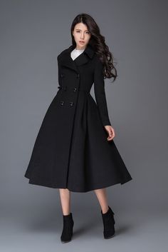 Womens Fall Coats, Long Coat Outfit, Black Dress Coat, Woman Coat, Long Black Coat, Double Black, Black Wool Coat