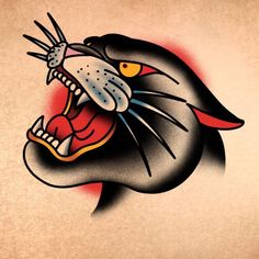 an old school tattoo design of a black panther's head with red and yellow eyes