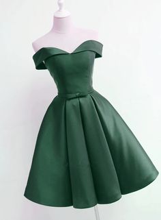 Dark Green Satin Off Shoulder Short Prom Dress Homecoming Dresses Green, Dark Green Prom Dress, Prom Dress Green, Promotion Dresses, Grad Dresses Short, Forest Green Dresses, Short Green Dress, Dama Dresses, Hollywood Dress