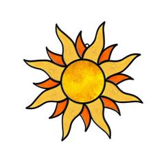 a drawing of a sun with orange and yellow colors on it's face, against a white background