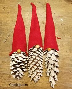 three pine cones with red caps on them sitting next to each other in front of a wooden table