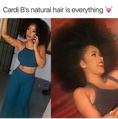 a woman with an afro is talking on her cell phone and the caption says cardi b's natural hair is everything