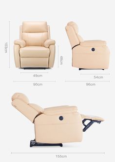 the reclining chair is shown with measurements