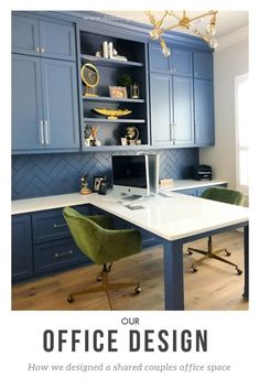 an office with blue cabinets and green chairs in front of the desk is a computer