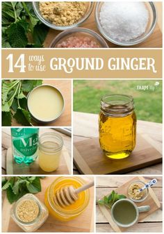 the steps to making ground ginger are shown in this collage, including jars and spoons