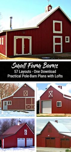 a red barn with lots of windows and doors in the front, side by side