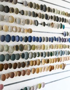 a white wall with many different colored plates hanging on it's side, all arranged in rows