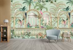 the wallpaper in this room is decorated with tropical plants and palm trees, along with a blue chair