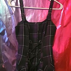 Corset Lacing Up Front, Zipper In The Back, And The Straps Are Adjustable Buckles. I Got This In 8th Grade And It Pains Me To Let This Go. Please Give It A Good Home Plaid Skater Dress, Corset Lacing, Corset Lace, Purple Plaid, Lip Service, 8th Grade, Skater Dress, I Got This, Purple And Black