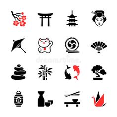 japanese symbols and icons on white background