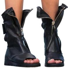 Black Peep Toe Gladiator Sandal All Functional Zippers Thigh High Sandals, Popular Boots, Flat Booties, Bow Boots, Summer Boots, Womens Gladiator Sandals, Zipper Heels, Fishing Women, Looks Street Style