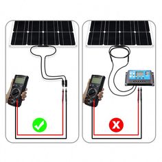 two pictures with different types of electronic devices attached to each other, one being connected to a solar panel and the other is plugged in