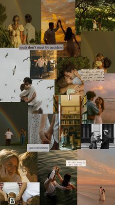 a collage of photos with people and rainbow in the background