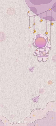 an astronaut floating in the sky on a purple balloon with stars and clouds around it