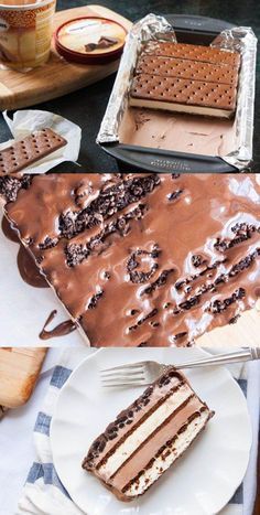 there is a cake with chocolate frosting and ice cream on the top, along with other desserts