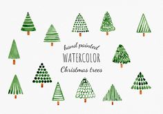 hand painted watercolor christmas trees in green and black on a white background with the words hand painted watercolor christmas trees