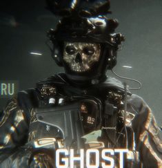 a man wearing a helmet and holding a camera in front of him with the words ghost written on it