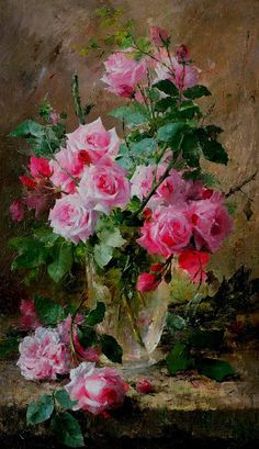 a painting of pink roses in a glass vase