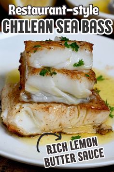 Pan seared sea bass fillets topped with lemon butter sauce Sea Bass In Air Fryer, Sablefish Recipes