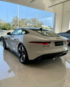 a white sports car parked in a showroom